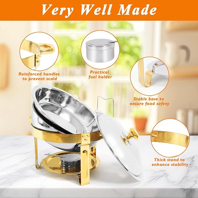 2-Pack Gold Round Chafing Dishes for Buffet, 5QT Stainless Steel Buffet Chafing Set for Catering, Parties & Events