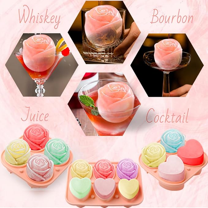 Whiskey Ice Cubes Mold,Rose Gift Ball Ice Maker Mold,8 Ice,Fun Shapes 2in,Silicone Ice Cube Tray for Birthday Christmas Party,Fun Accessories for Gift,Rose Ice Cube Mold for Cocktails,Bourbon