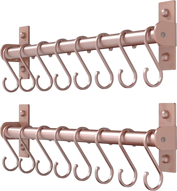 Dseap Kitchen Utensil Holder Hanger, Pot and Pan Rack Wall Mounted, Kitchen Rail with 8 Hooks for Hanging Cooking Utensils, Mugs, Spoons, Wall Mounted, Rose Gold, Pack of 2