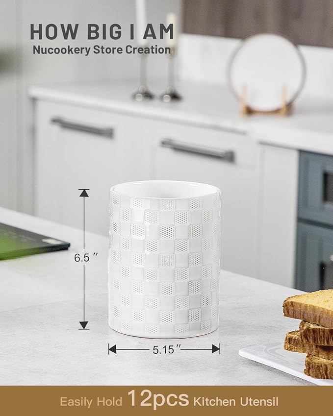Nucookery 6.4'' Utensil Holder - Ceramic Utensil Holder for Kitchen Counter, Large Capacity Countertop Storage, Farmhouse Style Utensil Crock Organizer for Spoons, Spatulas & Cooking Tools