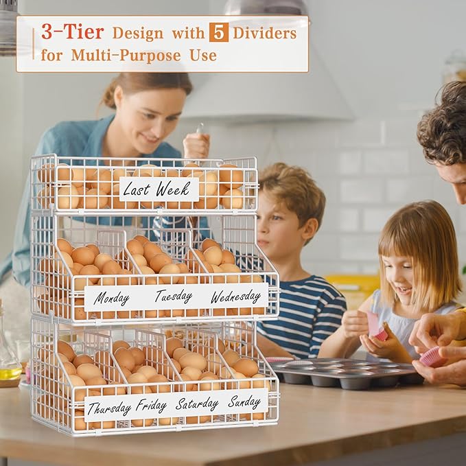 keomaisyto Egg Holder Countertop with 5 Dividers & DIY Nameplate to Separate Eggs, 3 Tier Stackable Wire Storage Baskets for Gathering Fresh Eggs, Wall-Mounted XXL Egg Rack, White (Patent Pending)
