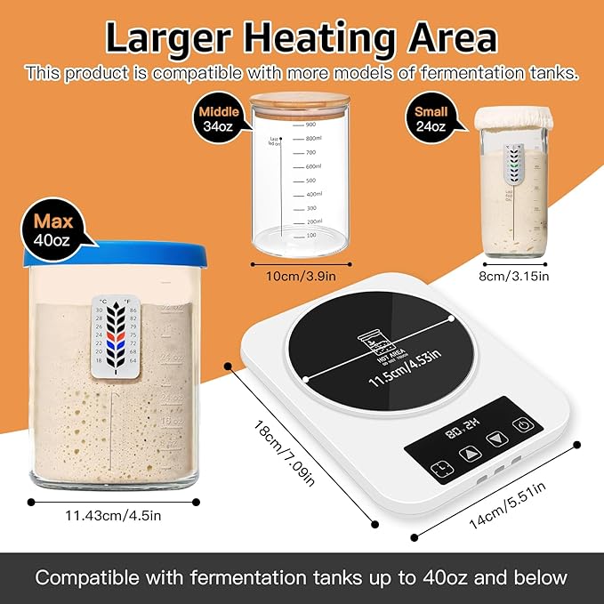 Sourdough Starter Warmer with Memory Function– 1°F Precision Temperature Control (70–100°F), Auto On/Off, 12-Hour Timer, Fits Sourdough Starter Jars Up to 40oz,Christmas gift for Home Baking Lover