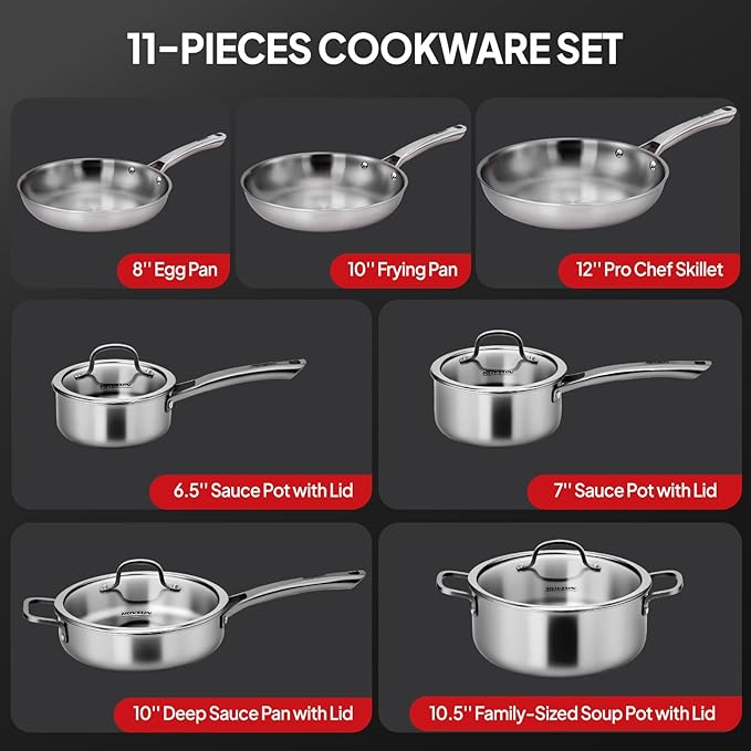 ROVSUN 11-Pcs Stainless Steel Cookware Set, Tri-Ply Pots and Pans Set, Non-Toxic Kitchen Set, PFOA & PTFE Free, Full Clad Frying Pans, Saucepans, Saute Pan & Stock Pot, Compatible for All Cooktops