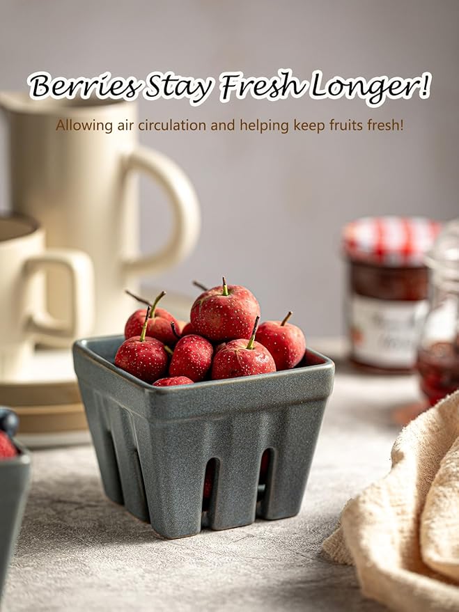 Gomakren Ceramic Berry Basket Set of 2, Square Fruit Bowls with Holes, Fruit Basket Containers for Kitchen, Cute Strawberry Basket for Berries, Grape, Cherry, Slate Blue