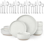 LIANYU 32PC Dinnerware Sets with Silverware for 4, Stoneware Plates and Bowls Dish Set, Stainless Steel Square Flatware Cutlery, Kitchen Dining Dishware, Microwave & Dishwasher Safe, Snowy White