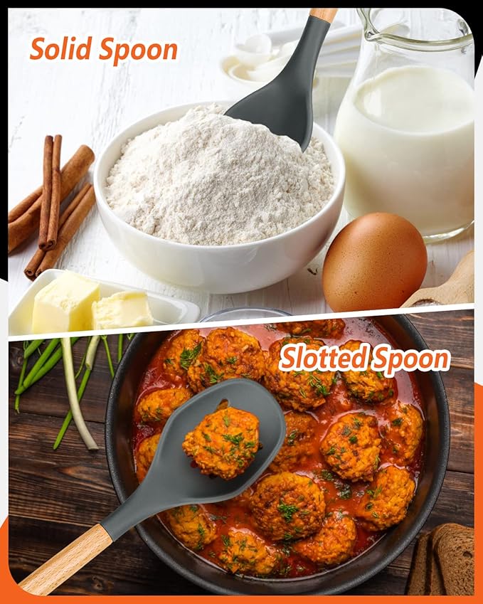 Large Silicone Cooking Spoons, 2 Pack Nonstick Solid and Slotted Wooden handle Spoon Set, Heat Resistan Silicone Kitchen Spoons for Cooking, Serving, Basting, Mixing (Grey)