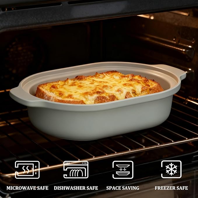 MAGNIFIQUE Casserole Dishes for Oven, 9x12 Porcelain Baking Dish, 4 Quarts Lasagna Pan with Handles and Lid, Oven Safe up to 500°F or on Stovetop, Use to Marinate, Cook, Bake, and Serve, Olive