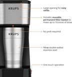 KRUPS: 2 Cup Coffee Maker, Simply Brew Stainless Steel Single Serve Drip Coffee Machine and Travel Tumbler 14 Ounce Stainless Steel Tumbler Included 650 Watts Coffee Filter, Compact Silver and Black