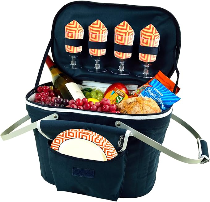 Picnic at Ascot Patented Collapsible Insulated Picnic Basket Equipped with Service For 4- Designed and Assembled in USA