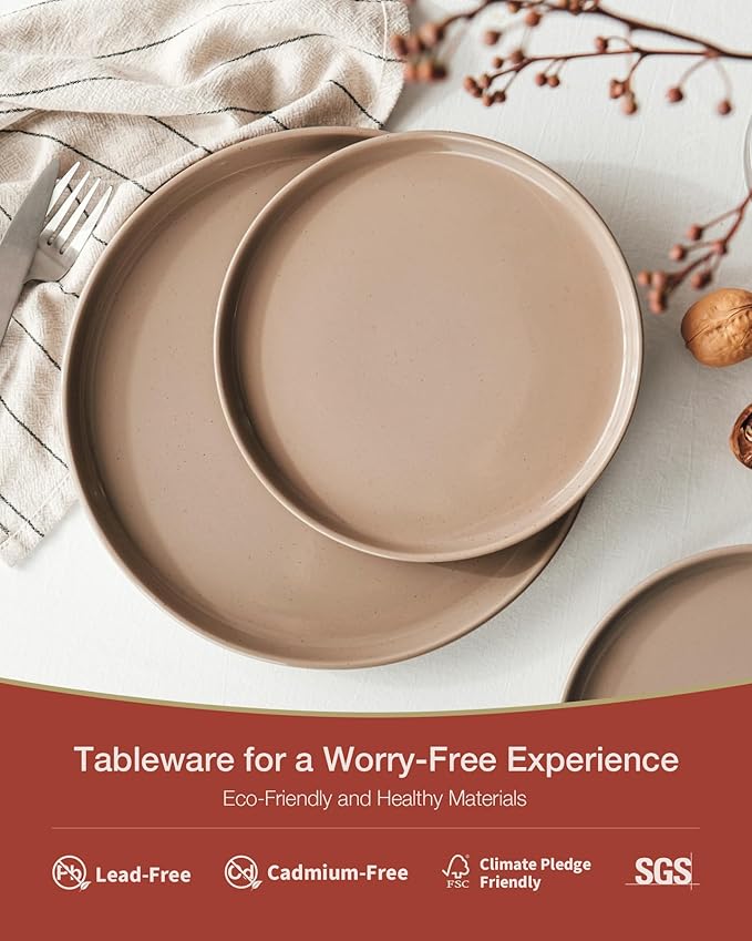 Famiware Milkyway Stoneware Dinnerware Sets with Mugs, Service for 4 (16pcs), Plates and Bowls Sets, Scratch Resistant, Microwave and Dishwasher Safe Dishes Set, Cinnamon Brown