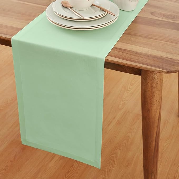 Solino Home Cotton Linen Table Runner 90 Inches Long - Dru Aqua Dining Table Runner 14 x 90 Inch for Summer - Handcrafted and Machine Washable