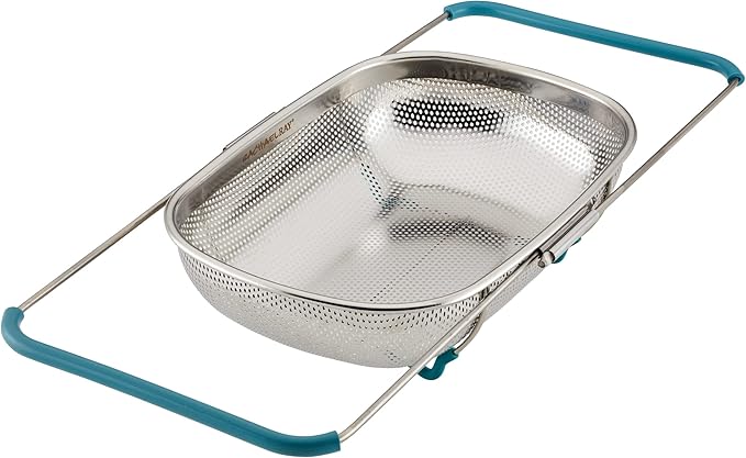 Rachael Ray Tools and Gadgets Over-The-Sink Colander/Strainer, 4.5 Quart, Stainless Steel with Agave Blue Handles