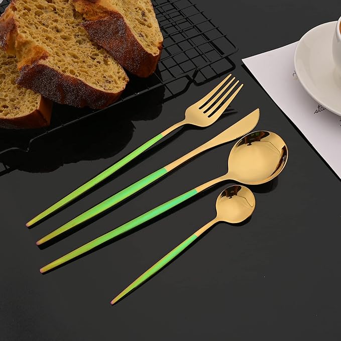 JASHII Flatware Set 24 Piece, Stainless Steel Silverware Set, Macaron Small Fresh Color Cutlery Set, Modern Elegant Tableware Set for Party, Christmas, Dinner (Rainbow Gold)