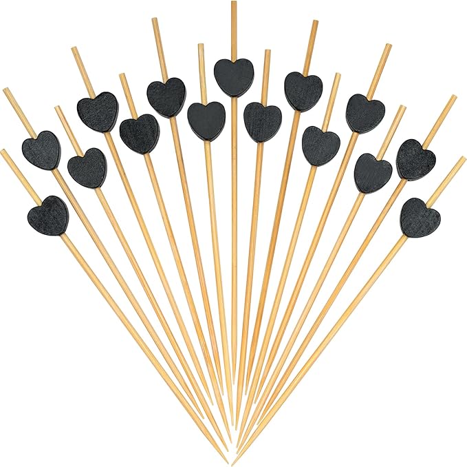 Minisland Black Love Heart Cocktail Picks, 4.7 Inch Long Bamboo Fancy Toothpicks for Appetizers, Decorative Halloween Holiday Party Food Drink Garnish Fruit Kabobs Skewer Sticks 100 Counts -MSL444