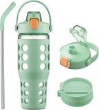 MUKOKO 32 oz Glass Tumbler with Straw,Glass Water Bottles with Time Marker,Iced Coffee Cup with 2 Lids-Handle Spout Lid&Straw Lid,Silicone Sleeve,Leakproof,1 Pack-Green