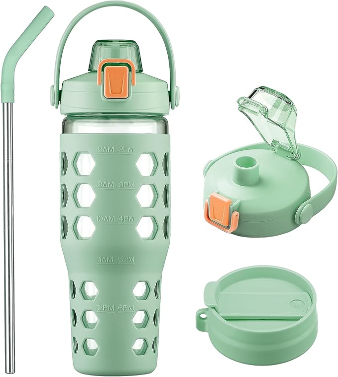 MUKOKO 32 oz Glass Tumbler with Straw,Glass Water Bottles with Time Marker,Iced Coffee Cup with 2 Lids-Handle Spout Lid&Straw Lid,Silicone Sleeve,Leakproof,1 Pack-Green