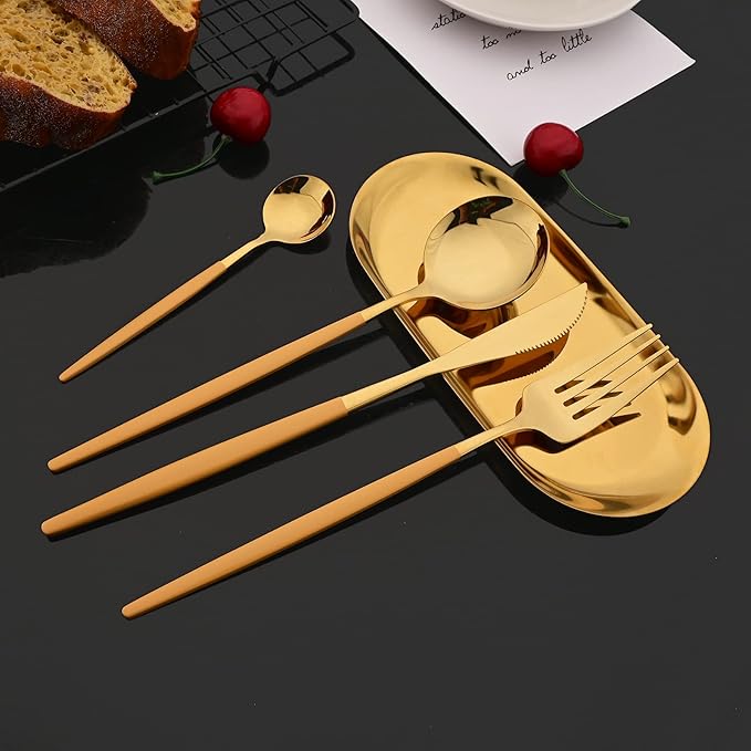 JASHII Flatware Set 24 Piece, Stainless Steel Silverware Set, Macaron Small Fresh Color Cutlery Set, Modern Elegant Tableware Set for Party, Christmas, Dinner (Yellow Gold)