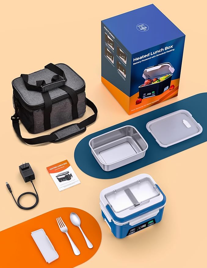 EAST OAK Cordless Electric Lunch Box for Adults, Heated Lunch Box Battery Powered with Automatic Heating, 5.5 Cups Portable Food Warmer with Removable Tray Divider