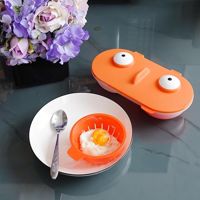 Cartoon Dual-Eye Microwave Egg Steamer, Food-Grade Egg White Separator, Steaming Plate, Fun Kitchen Gadget, Orange