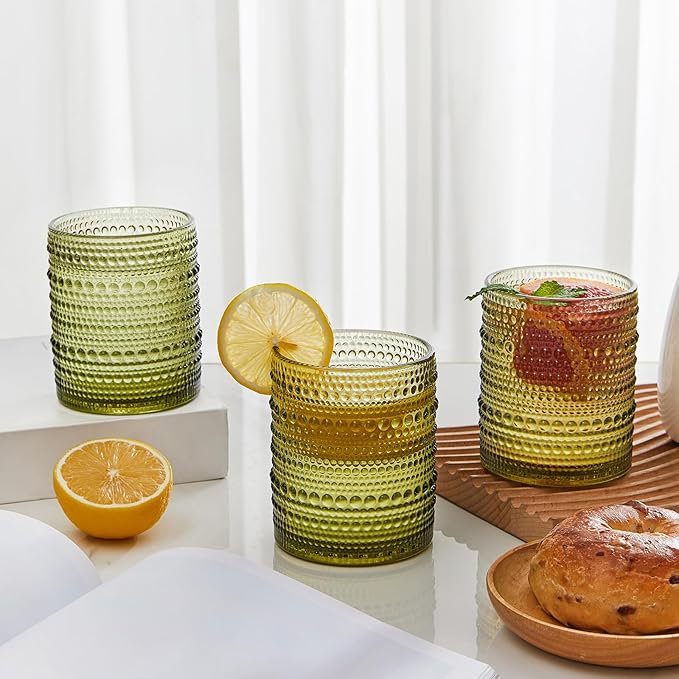 Hobnail Drinking Glasses Set of 6, 12 oz Vintage Glassware Set Cocktail Glass Set, Embossed Green Water Tumbler, for Beer, Whiskey, Juice and Various Mixed Drinks