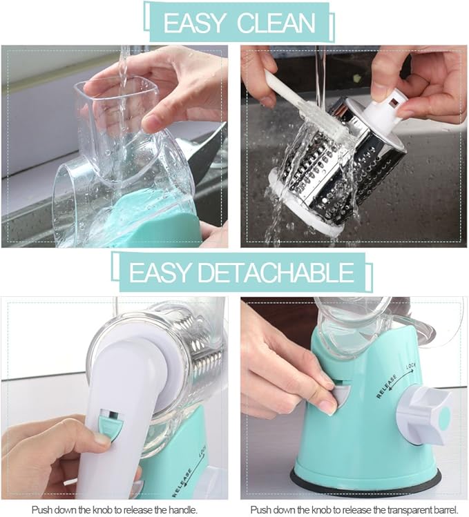 Cambom Rotary Cheese Grater Hand Crank Cheese Shredder for Fresh Cheese, Vegetable, Nuts,Non-slip Suction Base, Free Cleaning Brush Three Blades, Blue