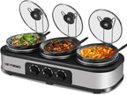 Triple Slow Cooker, 3×1.5 QT Buffet Servers and Warmers, 3 Pots Buffet Slow Cooker Adjustable Temp Lid Rests Stainless Steel Manual Silver for Parties Holidays Families