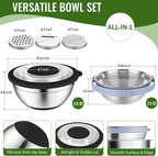 P&P CHEF 4-In-1 Stainless Steel Colander with Bowl Set, Rotatable Strainers for Kitchen, Fruit Cleaner, Washing Fruit & Draining Pasta, Mixing Bowl and Lid with Grater for Salad, Black