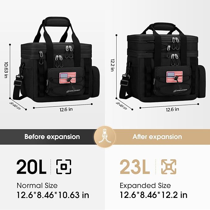 Maelstrom Tactical Lunch Box, 23 L Insulated Lunch Bag for Men, Expandable Double Deck Lunch Cooler Bag,Large Leakproof Soft Lunch Tote with Detachable MOLLE Bags, for Adult Women Work,Picnic,Black