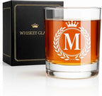 Whiskey Glasses - Rocks Old Fashioned Glass Gifts for Men, Monogrammed A-Z 10oz Personalized Whisky Glasses, Christmas Birthday Gifts for Men Him Dad Father Husband Brother Son (M)