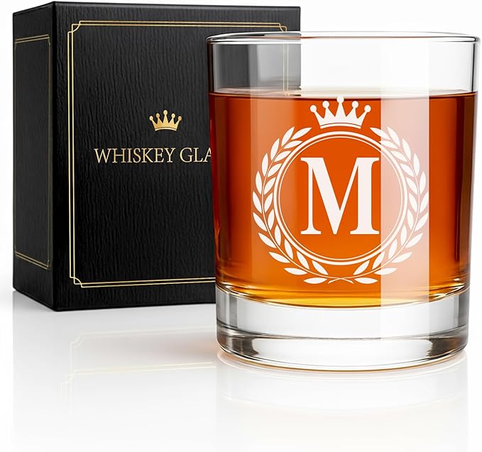 Whiskey Glasses - Rocks Old Fashioned Glass Gifts for Men, Monogrammed A-Z 10oz Personalized Whisky Glasses, Christmas Birthday Gifts for Men Him Dad Father Husband Brother Son (M)