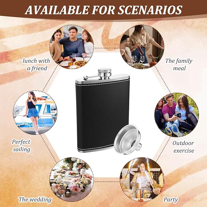 6 Set 8 oz Leather Hip Flasks for Liquor for Men Leak Proof Stainless Steel Drinking Flasks with Funnel Soft Wrap Whiskey Vessels for Wedding Bridesmaid Christmas Gifts (Black)