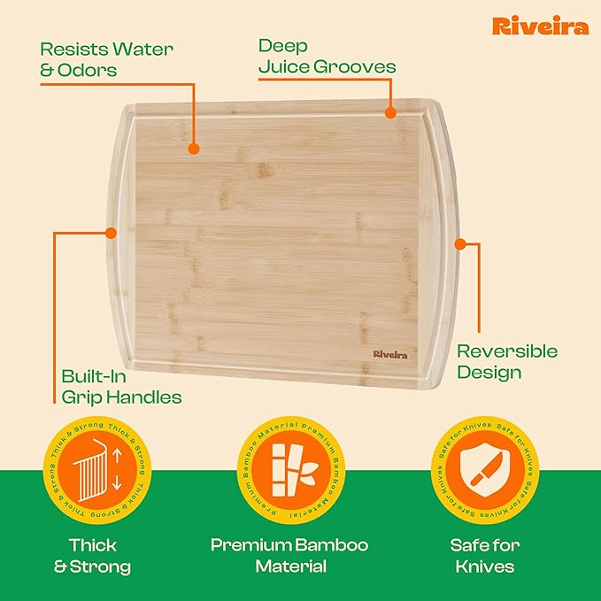 Riveira Two Tone Bamboo Wood Cutting Board – Gourmet Bamboo Grandeur: 20 x 14 Wooden Cutting Board – Wooden Cutting Boards For Kitchen Decorative – Innovative Juice Grooves Wooden Chopping Board