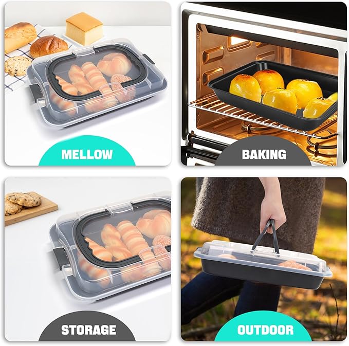 Cake Pan With Lid, 9x13 Inch Rectangular Cake Pan with Wide Handles, Nonstick Bakeware Baking Pan With Lid and Handle, Black