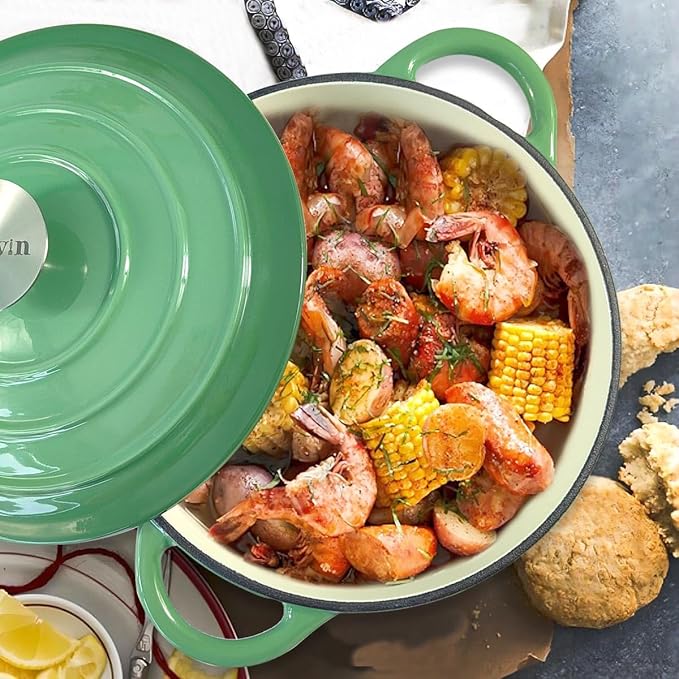 Dutch Oven,Cast Iron Dutch Ovens,Dutch Oven Pot with Lid,4.5 QT Enamel Dutch Pot,Dutch Ovens with Dual Handles,Cast Iron Pot for Braiser,Cooking,Gifts for Family,Green