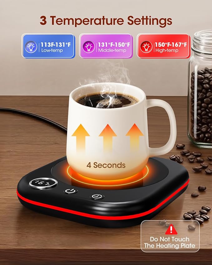 Mug Warmer - 3 Temp Setting 113°F 131°F 167°F - Ambient Light - Coffee Mug Warmer for Desk with 1-12H Timer - 4H Auto Shut Off- Electric Cup Beverage Warmer Gift for Coffee, Tea, Milk