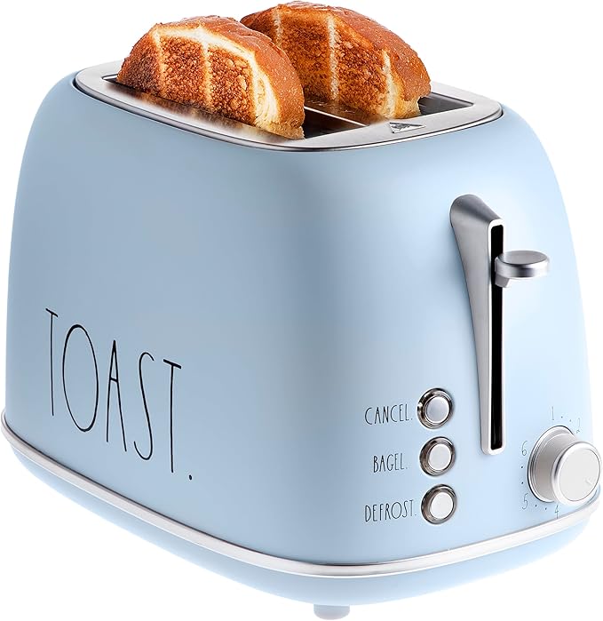 Rae Dunn Retro Rounded Bread Toaster, 2 Slice Stainless Steel Toaster with Removable Crumb Tray, Wide Slot with 6 Browning Levels, Bagel, Defrost and Cancel Options (Baby Blue)