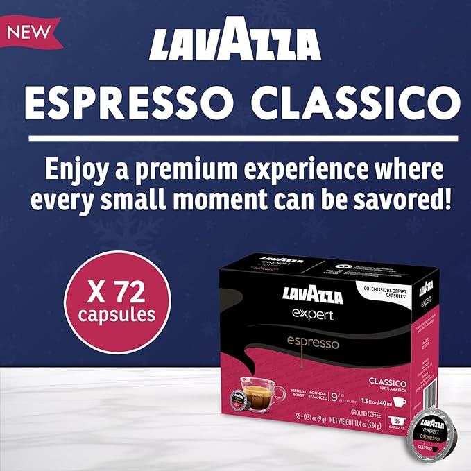 Lavazza Classy Mini Coffee Maker – 72 Count Classico Espresso Capsules – Compact Single-Serve Machine for Espresso & Lungo – Compatible Expert Pods