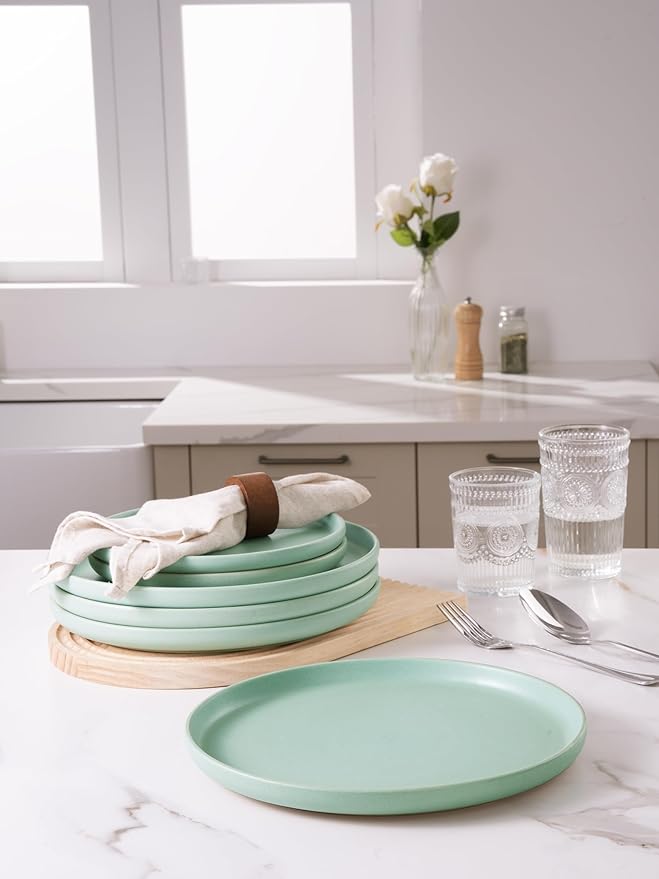 famiware Milkyway Dinner Plates, 10.24 inch Plates for 6, Stoneware Dessert Plates Dish Set for Kitchen, Reactive Glaze Plate Set, Microwave and Dishwasher Safe, Light Green