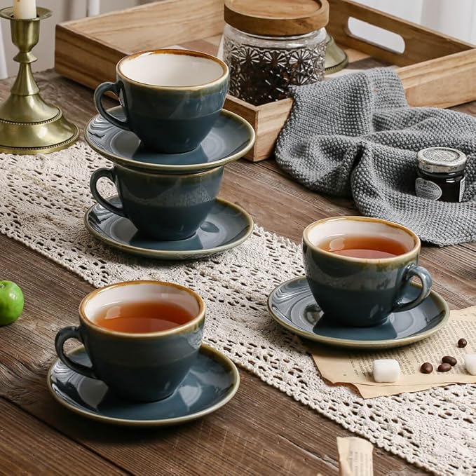 SHUER Ceramic Cappuccino Cup Set of 4, 7.8 OZ Cups and Saucers Set,Coffee Mocha Cup Sets,Black Coffee Cups and Glaze Americano Mugs Great for Party and Low Tea Time (Blue 220ml)