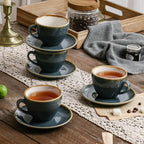 SHUER Ceramic Cappuccino Cup Set of 4, 7.8 OZ Cups and Saucers Set,Coffee Mocha Cup Sets,Black Coffee Cups and Glaze Americano Mugs Great for Party and Low Tea Time (Blue 220ml)