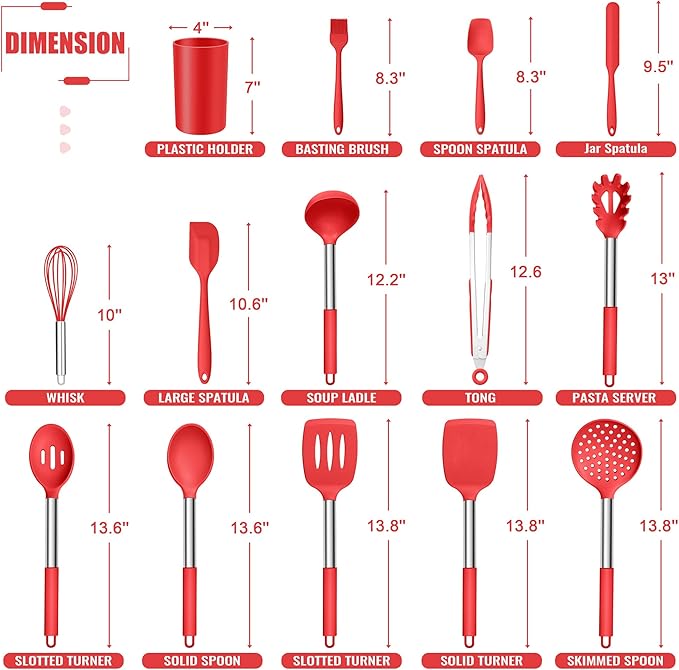E-far 14 Pieces Silicone Cooking Utensils Set, Kitchen Utensils Set with Holder, Spatula, Ladle, Spoon, Tong, Slotted Turner for Nonstick Cookware, 446°F Heat Resistant & Stainless Steel Handle, Red