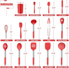 E-far 14 Pieces Silicone Cooking Utensils Set, Kitchen Utensils Set with Holder, Spatula, Ladle, Spoon, Tong, Slotted Turner for Nonstick Cookware, 446°F Heat Resistant & Stainless Steel Handle, Red
