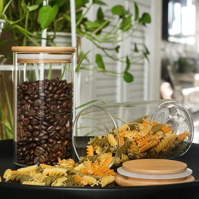 Glass Storage Jar with wooden Locking Clamp, Coffee Bean & Kitchen Food Container, Glass Sourdough Starter Jar (2PACK 35 OZ)