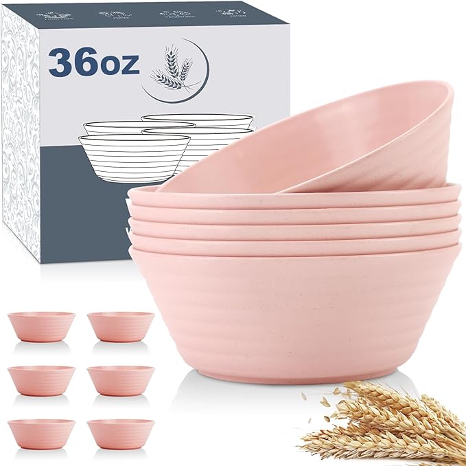 Wheat Straw Bowl Sets,6 PCS Unbreakable Cereal Bowl 36 OZ,Microwave and Dishwasher Safe Bowls,Kitchen Bowls BPA Free for Serving Soup,Oatmeal and Salad （Sakura）