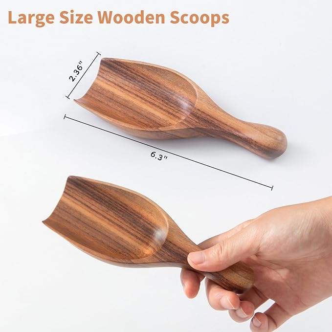 Big Wooden Scoop Shovel, 2PCS Large Coffee Scoops for Ground coffee, Acacia Wood Bean Salt Spoons, Wooden Scoops for Jars Canisters, Kitchen Scoops for Flour Laundry Scoop Multi-purpose