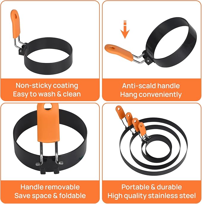 Egg Rings for Griddle Frying Eggs Upgraded 4 Packs, Pancake Shapers with Orange Silicone Handle Non-stick Egg Molds for cooking Breakfast Omelette Sandwiches (3", 3.5", 6", 8")