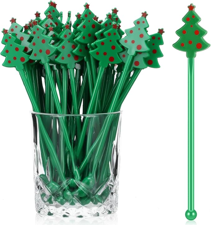 Chengu 100 Pcs Christmas Drink Stirrers Xmas Stir Sticks Bulk Holiday Coffee Stirrers Plastic Swizzle Stick Hot Cocoa Bar Supplies Chocolate Decoration Reusable Cocktail Mixer(Christmas Tree)