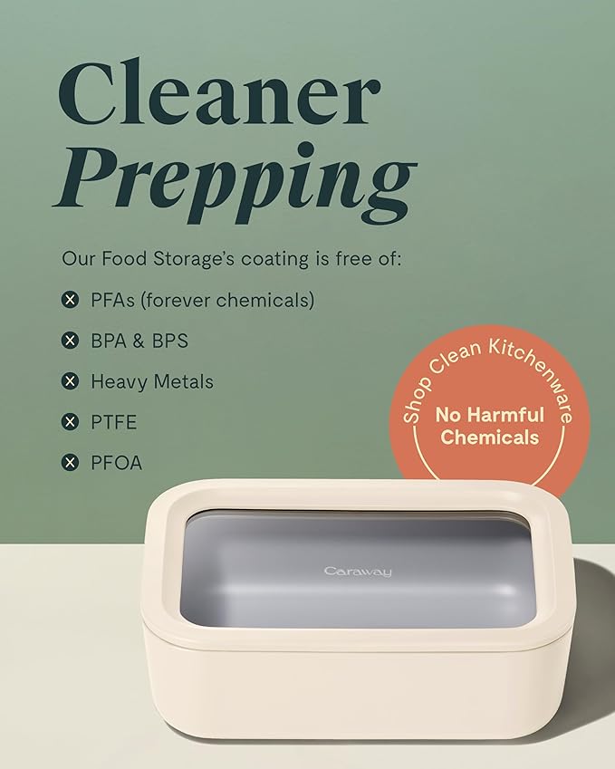 Caraway Glass Food Storage - 6.6 Cup Glass Container - Ceramic Coated Food Container - Non Toxic, Non Stick Lunch Box Container with Glass Lids - Dishwasher, Oven, & Microwave Safe - Sage