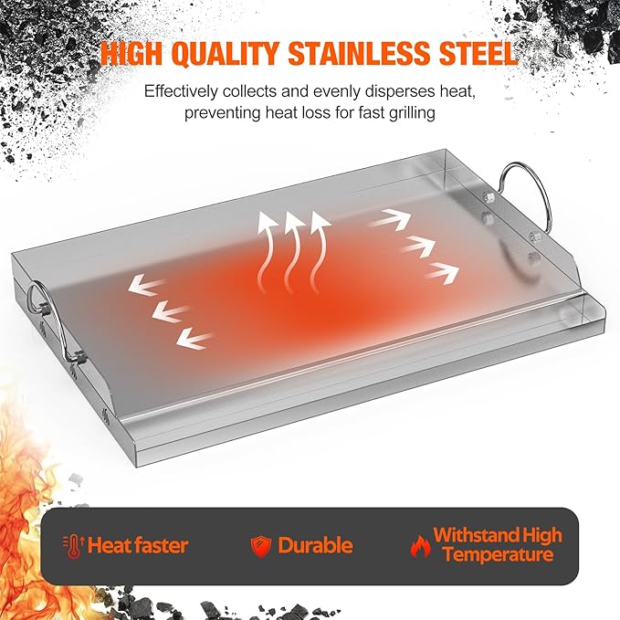onlyfire Stainless Steel BBQ Griddle, Outdoor Flat Top Griddle Pan with Grease Groove and Handles for Gas and Charcoal Grills, 25”x16”
