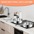 EWFEN 12 Inch Tri-Ply Stainless Steel Frying Pan, Deep Frying Pan with lids, Compatible with All Cooktops Up to 600℉, Induction Cooking Pan, Dishwasher and Oven Safe, Fast & Even Heat